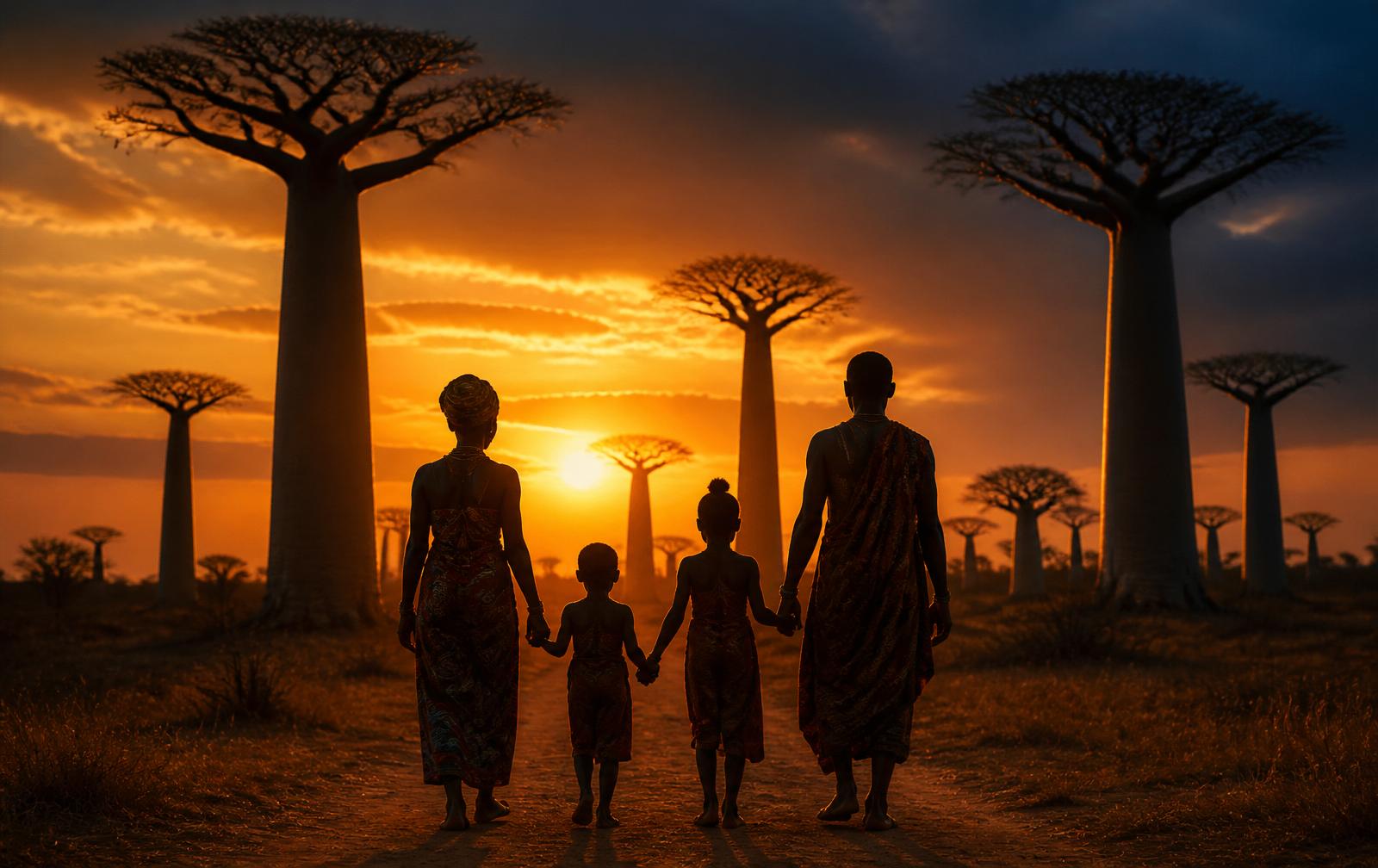 Silhouettes d'une famille au coucher du soleil parmi les baobabs